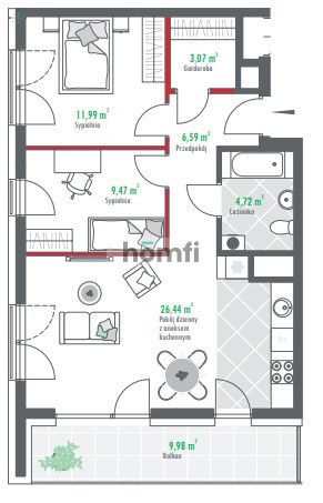 Słoneczny apartament z balkonem przy Manufakturze - Mieszkanie - Wynajem - Łódź, Bałuty