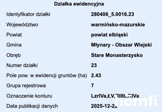 działka RIVa 2,43 ha Stare Monasterzysko - Działka - Sprzedaż - Elbląski, Młynary / Stare Monasterzysko