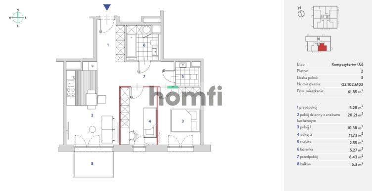 A 62-meter apartment for rent with a balcony, a storage room and a parking space in the underground garage at Kompozytorów Stree - Apartment - Rent - Kraków, Krowodrza / Bronowice Małe